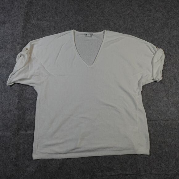 J. Jill Tops - J. Jill Top Womens Medium V-Neck Knit Blouse White Short Sleeve Sheer Beachy